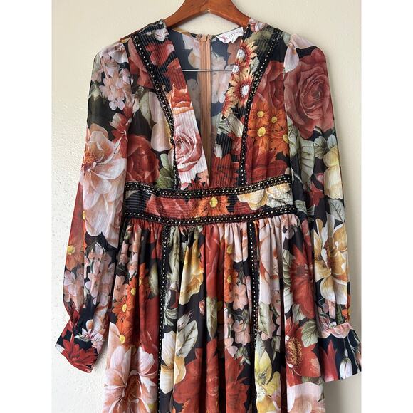 ❌SOLD❌ L'Atiste Burnt Orange Floral Semi Sheer Deep V Maxi Dress Size Small - Picture 4 of 11